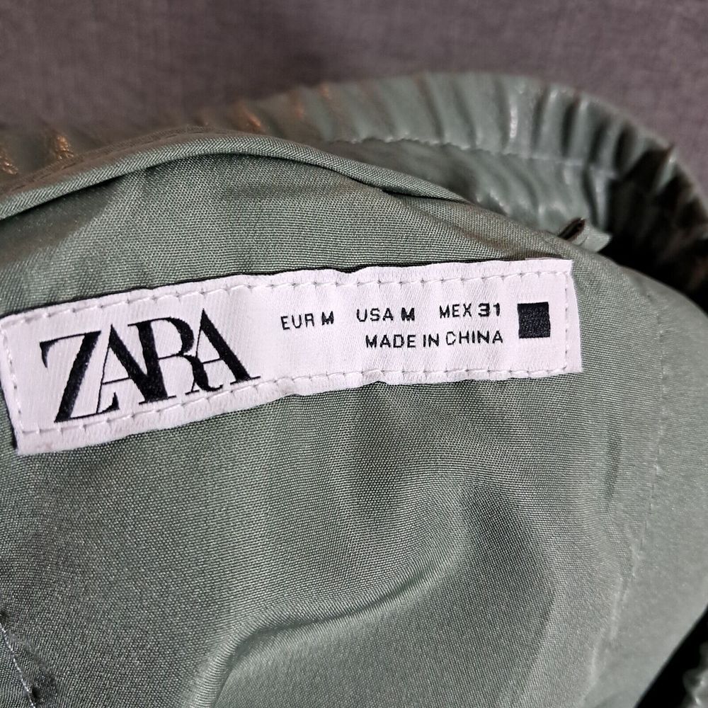 Zara Pants Women Medium Green Wide Leg Faux Leather Raw Hem Elastic Waist Office - Picture 8 of 12